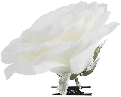 1x Kerstversieringen witte roos met sneeuw op clip 15 x 5 cm - Kersthangers