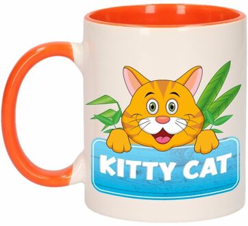 1x Kitty Cat beker / mok - oranje met wit - 300 ml keramiek - katten bekers Multikleur