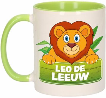 1x Leo de Leeuw beker / mok - groen met wit - 300 ml keramiek - leeuwen bekers Multikleur
