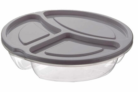 1x Lunchtrommels/bewaarbakjes rond 3-vaks licht grijs kunststof 1.1 liter
