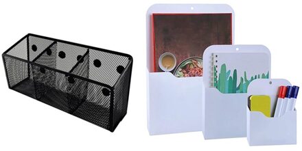 1x Magnetische Potlood Houder Magnetische Metalen Mesh Potlood Houder & 3 Pack Magnetische Bestand Houder Magnetische Muur File Organizer
