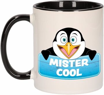 1x Mister Cool beker / mok - zwart met wit - 300 ml keramiek - pinguin bekers Multikleur
