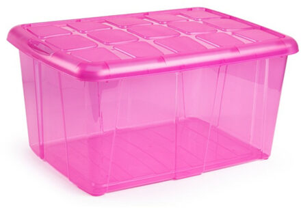 1x Opslagbakken/organizers met deksel 60 liter 63 x 46 x 32 transparant roze - Opbergbox