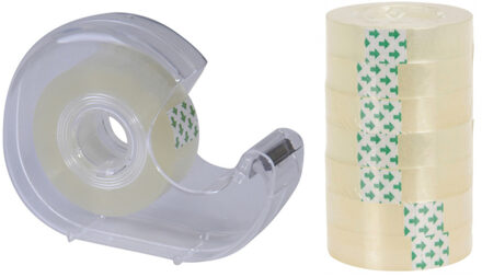 1x Plakband houders transparant met 8x plakband rolletjes - Kantoorartikelen - Schoolartikelen - Hobby benodigdheden - Plakbandrollers - Plakbandhouders - Plakband handdispensers