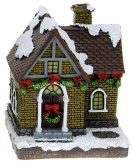 1x Polystone kersthuisjes/kerstdorpje huisjes gele stenen met verlichting 13,5 cm