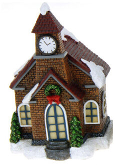1x Polystone kersthuisjes/kerstdorpje huisjes kerkje met verlichting 13,5 cm