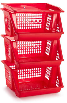 1x Rode opberg stapelkratten/organizers 3 vakken 62 x 32 cm - Opbergmanden Rood