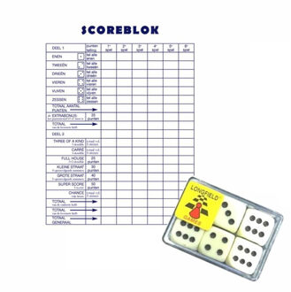 1x Scoreblok Yahtzee 250 vellen met 6 dobbelstenen - Dobbelspellen