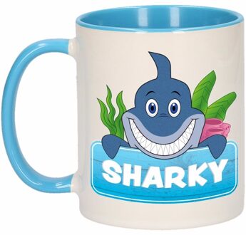 1x Sharky beker / mok - blauw met wit - 300 ml keramiek - haaien bekers Multikleur