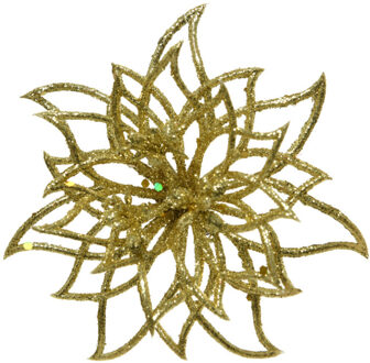 1x stuks decoratie bloemen kerstster goud glitter op clip 14 cm
