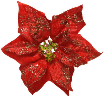 1x stuks decoratie bloemen kerstster rood glitter op clip 20 cm