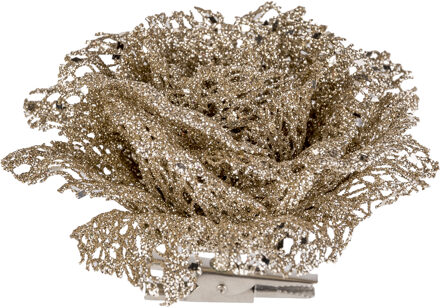 1x stuks decoratie bloemen roos champagne glitter op clip 10 cm