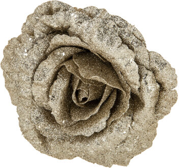 1x stuks decoratie bloemen roos champagne glitter op clip 18 cm