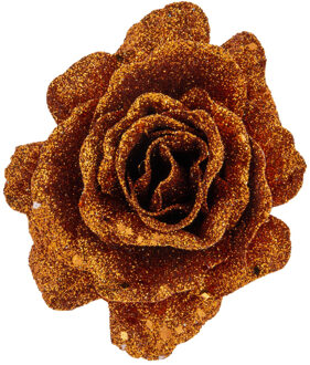 1x stuks decoratie bloemen roos koper glitter op clip 10 cm