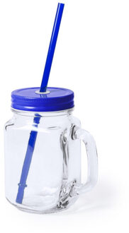 1x stuks glazen Mason Jar drinkbekers blauwe dop/rietje 500 ml