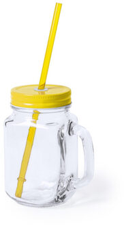 1x stuks Glazen Mason Jar drinkbekers gele dop en rietje 500 ml Geel