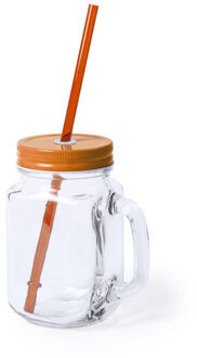 1x stuks glazen Mason Jar drinkbekers oranje dop/rietje 500 ml