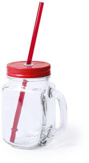 1x stuks Glazen Mason Jar drinkbekers rode dop en rietje 500 ml
