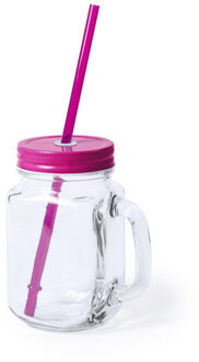 1x stuks glazen Mason Jar drinkbekers roze dop en rietje 500 ml