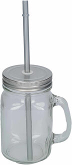 1x stuks glazen Mason Jar drinkbekers zilver dop/rietje 500 ml