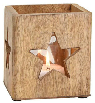 1x stuks houten windlichtje/theelichthouders met ster 12 cm