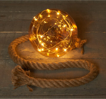 1x stuks verlichte glazen kerstballen aan touw met 10 lampjes goud/warm wit 10 cm - kerstverlichting figuur Goudkleurig