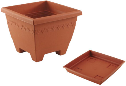 1x stuks vierkante plantenbakken terra cotta met opvangschaal 40 x 40 x 31 cm - Plantenbakken Bruin