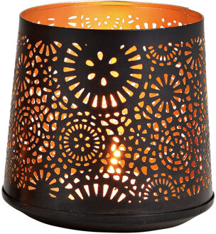 1x Theelichthouders/waxinelichthouders windlichten zwart/goud rondjes/cirkels patroon 13 cm