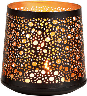 1x Theelichthouders/waxinelichthouders windlichten zwart/goud rondjes/druppels patroon 13 cm