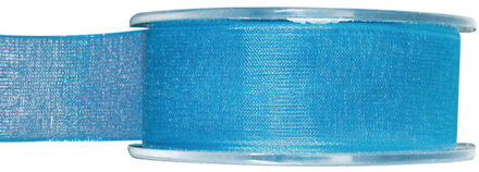 1x Turquoise organzalint rollen 2,5 cm x 20 meter cadeaulint verpakkingsmateriaal - Cadeaulinten Blauw