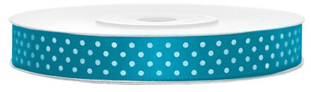 1x Turquoiseblauwe satijnlint met witte stippen rollen 1,2 cm x 25 meter cadeaulint verpakkingsmateriaal - Cadeaulinten