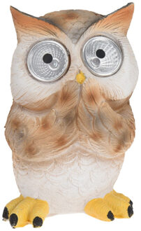 1x Uil tuinbeeldje wit/bruin met solar verlichting op zonne-energie 12,5 cm Multi