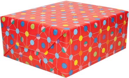 1x Verjaardagscadeau inpakpapier rood / gekleurde stippen70 x 200 cm op rol - Cadeaupapier