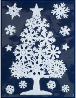 1x Witte kerst raamstickers kerstboom met sneeuwvlokken 40 cm - Feeststickers