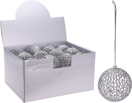 1x Zilveren glitter draad/rotan look kerstballen kunststof 9 cm