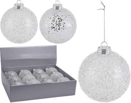 1x Zilveren glitter kerstballen kunststof 10 cm type 1 - Kerstbal Zilverkleurig