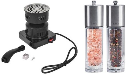 1X650W Heater Houtskool Kookplaat Kookplaat Kolen Elektrische Brander Us Plug & 2 Stuks Handleiding Roestvrij Staal zwarte Peper Grinder
