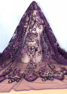 1yard diy Handgemaakte tule Kant Stof pailletten Geborduurde Afrikaanse Franse Kant voor bruiloft/avond/party dress cheongsam paars