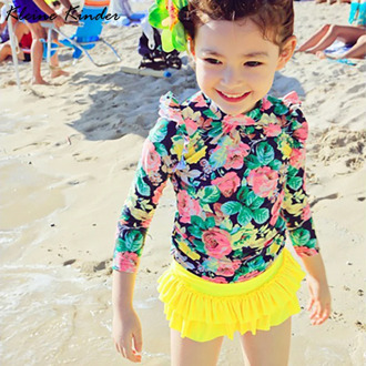 2-15Y Girls Swimwear Children's Long Sleeve Rash Guard Set UV Protection Floral Beach Pool Teenager Girl Bathing Swimming Suits