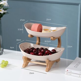 2/3 Tiers Plastic Fruit Platen Met Houten Houder Ovale Kommen Voor Party Voedsel Server Display Stand Fruit Snoep Planken Beige 2 Tiers