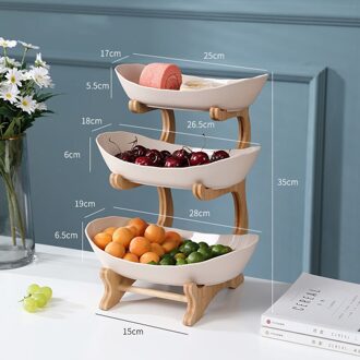 2/3 Tiers Plastic Fruit Platen Met Houten Houder Ovale Kommen Voor Party Voedsel Server Display Stand Fruit Snoep Planken Beige 3 Tiers