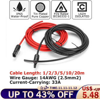 2.5mm 14 AWG KINCO 1 Pair Solar Panel Extension Cable Copper Wire Black and Red with for Connector Solar PV Cable