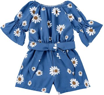 2-7Y Zomer Mooie Casual Kids Meisjes Jumpsuits Zonnebloemen Print Korte Mouw Riem Casual Rompertjes Kids Overalls 5T