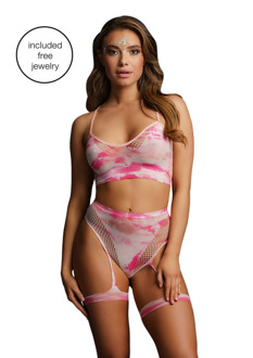 2-delige bh-set met jarretels en schitterende eye contact bling sticker - One Size - Multicolor