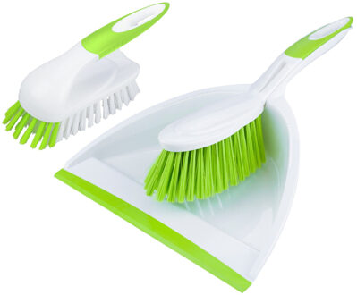 2-Delige schoonmaakset schrobborstel en stoffer en blik groen/wit
