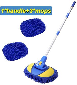 2 In 1 Drie Sectie Intrekbare Mop Lange Handvat Autowasseretteborstel Mop Draagbare Dikke Microfiber Huishoudelijke Schoonmaken Tool 1 handvat 3 mops