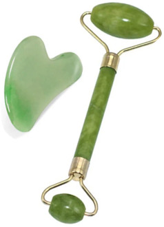 2 in 1 Green Roller and Gua Sha Tools Set by Natural Jade Scraper Massager with Stones for Face Neck Back and Jawline