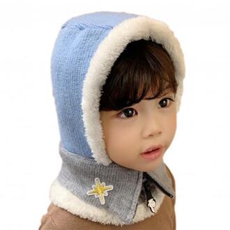 2-In-1 Kinderen Gebreide Cap Herfst Winter Jongens Meisjes Wollen Pluche Hoed Cap Sjaal Blauw