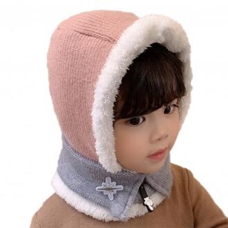 2-In-1 Kinderen Gebreide Cap Herfst Winter Jongens Meisjes Wollen Pluche Hoed Cap Sjaal Roze