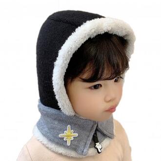 2-In-1 Kinderen Gebreide Cap Herfst Winter Jongens Meisjes Wollen Pluche Hoed Cap Sjaal zwart